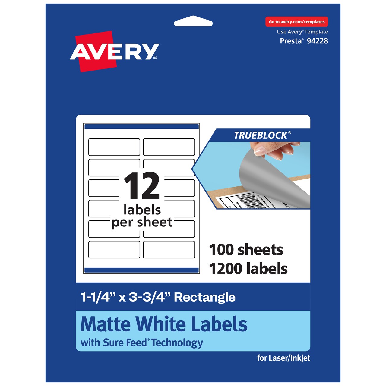 Avery TrueBlock Matte White Paper Labels, 1-1/4" x 3-3/4" Rectangle